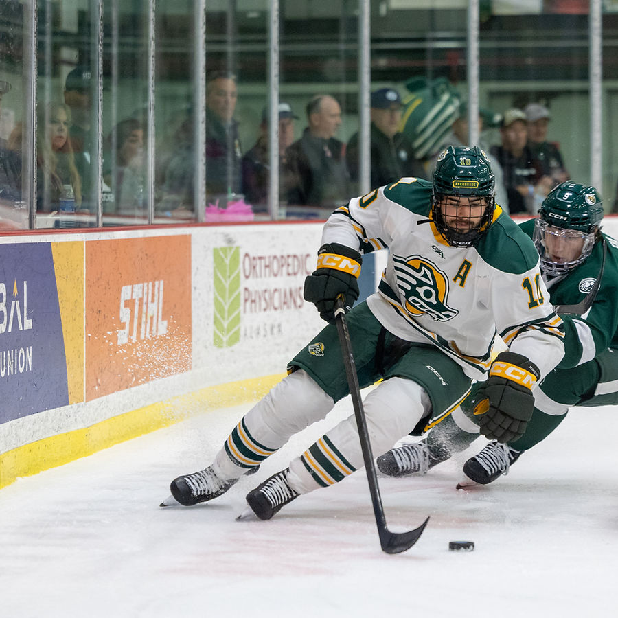 UAA Seawolves defenceman Logan Acheson in action during an NCAA Division 1 hockey game.